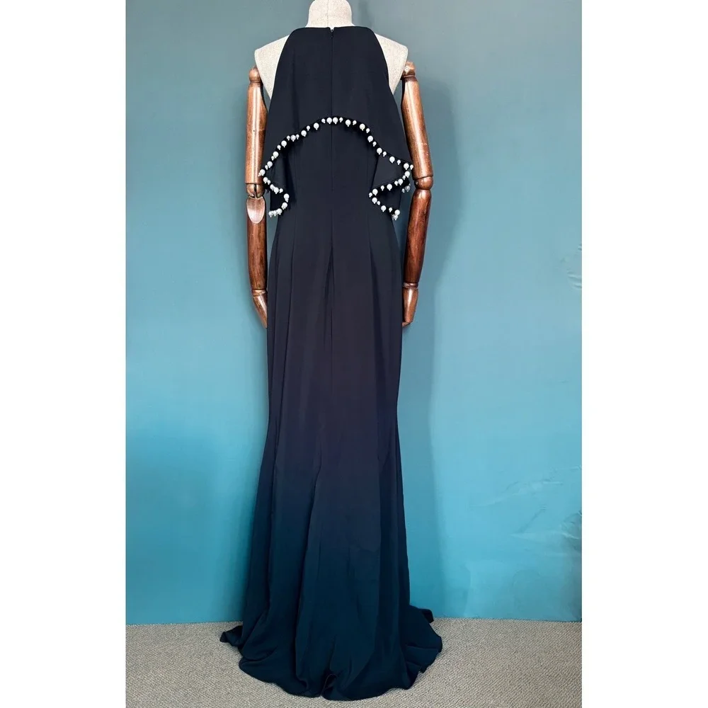Badgley Mischka Black Label Gown |‎ Size 8 | Ruffle Pearl Halter Formal Dress